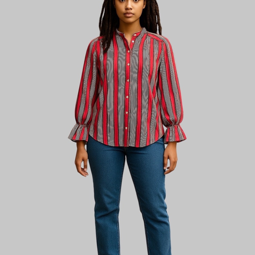 LOFT Striped Blouse Bell Sleeve‎ Tie Cuff Button Down Red Black White M